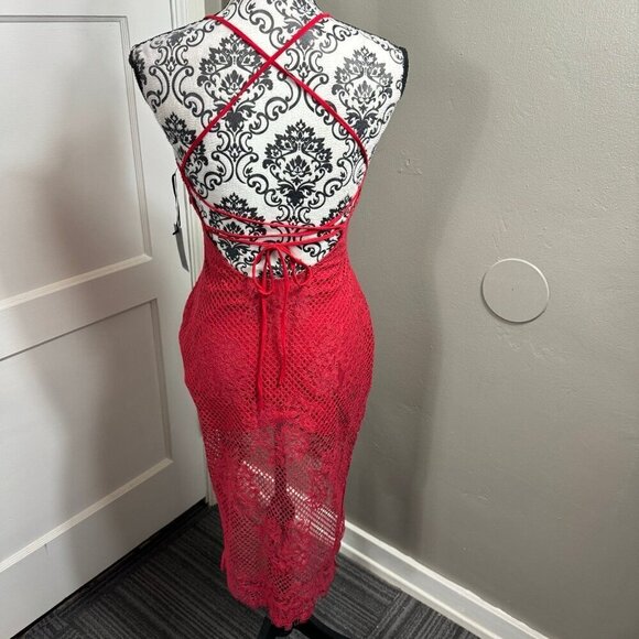 Lovers & Friends red lace SKYLIGHT DRESS with lace up back. - Picture 9 of 12